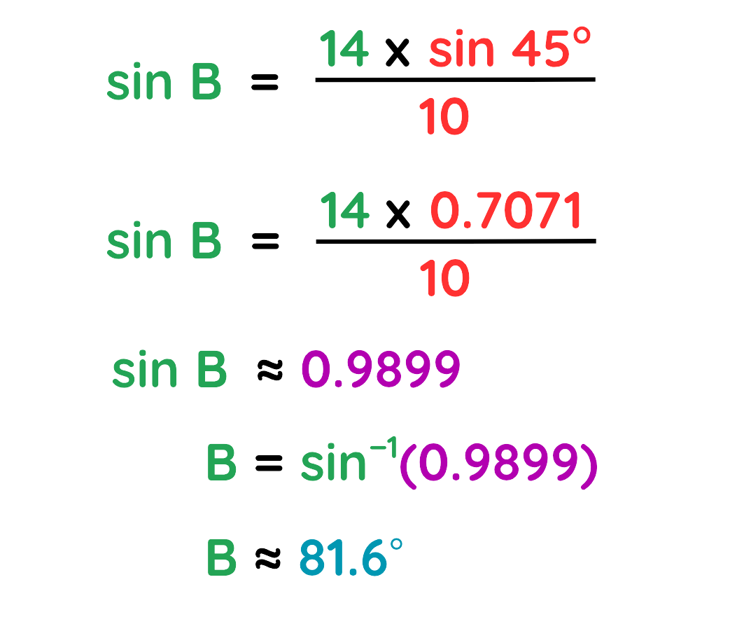 Sine Rule calculation showing steps to find angle B using sin B = 14 times sin 45 divided by 10