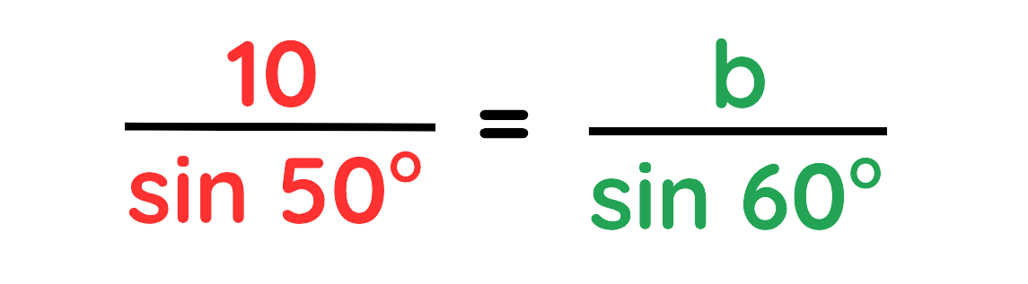 Sine Rule equation showing 10 over sin 50 equals b over sin 60