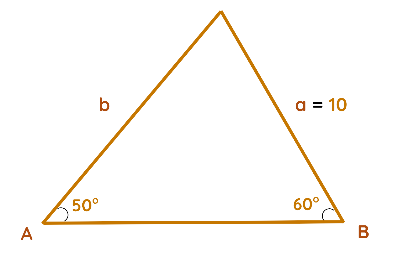 Triangle with angles 50 degrees and 60 degrees and side a = 10 cm labelled for Sine Rule