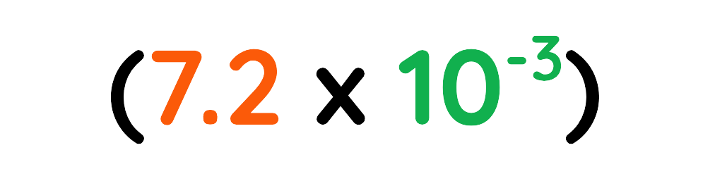 Standard form expression 7.2 times 10 to the power of minus 3 shown in brackets