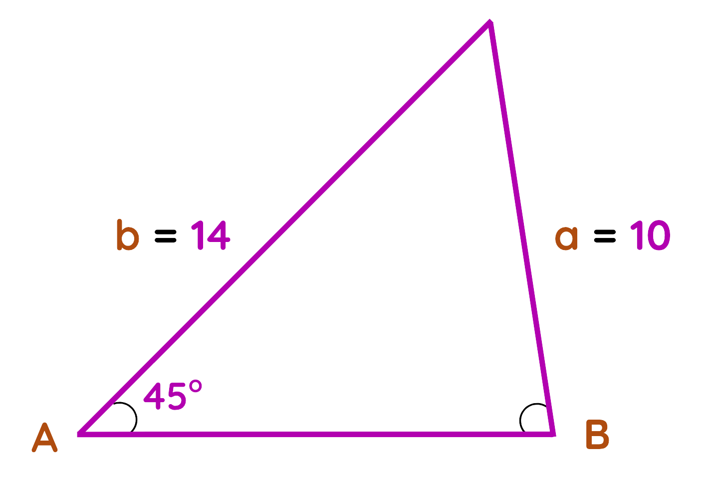 Triangle with sides 10 cm and 14 cm and angle 45 degrees for Law of Sine or Cosine calculation