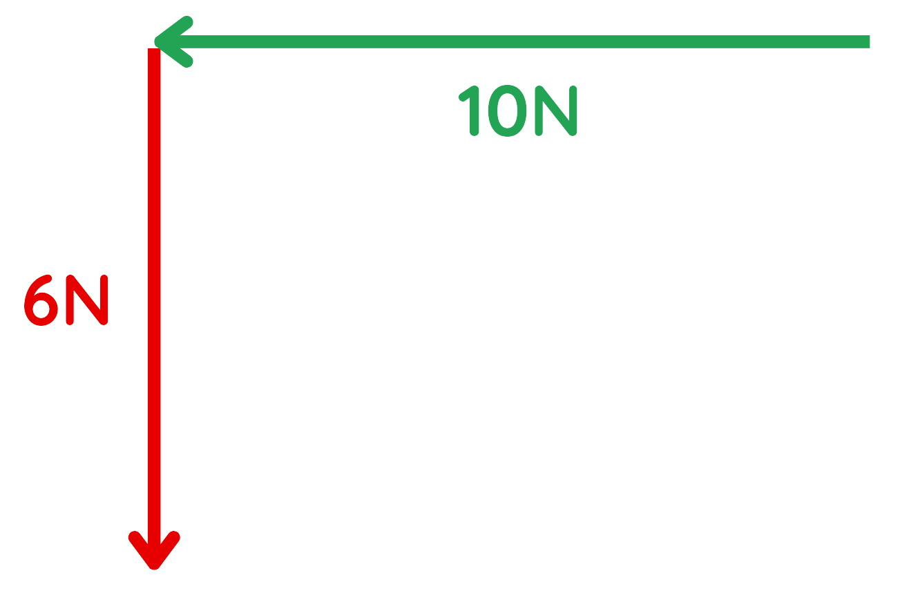 Vector diagram showing 10N force to the left and 6N force downward at right angles