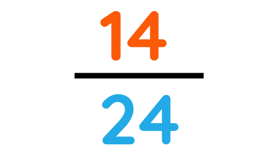 Fraction 14 over 24 in orange and blue bold digits