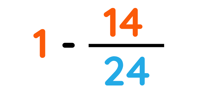 Fraction comparison image showing 1/24 and 14/24 with color-coded numerators and denominators