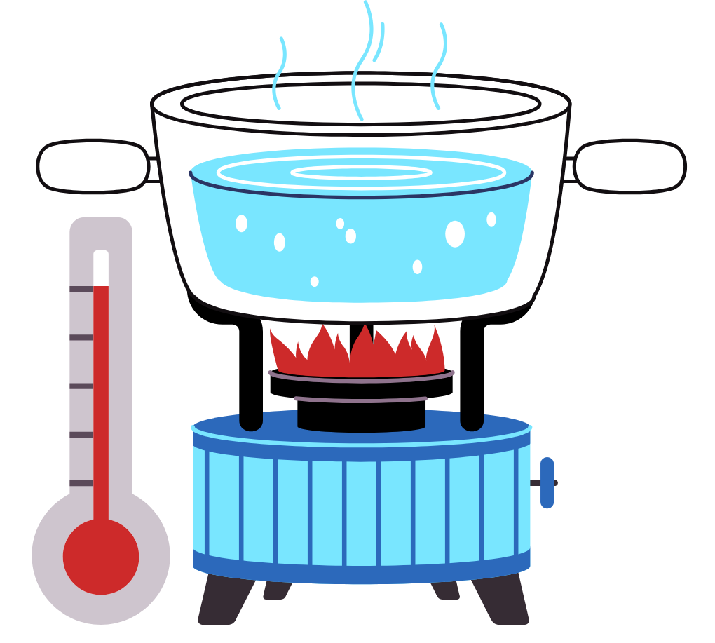 Cartoon illustration showing a beaker of water boiling on a gas stove with a thermometer indicating rising temperature.