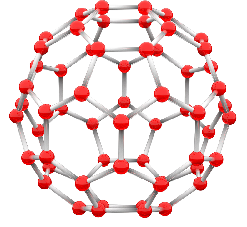 3D model of Buckminsterfullerene, a spherical molecule made of 60 carbon atoms arranged in hexagons and pentagons.