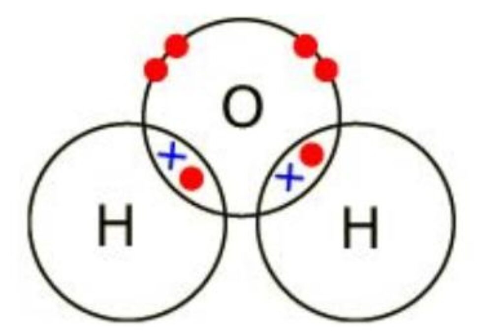 Dot and cross diagram showing covalent bonds between one oxygen atom and two hydrogen atoms in a water molecule.