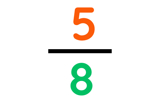 Fractions image showing 5 over 8 (five-eighths) with colour-coded numbers