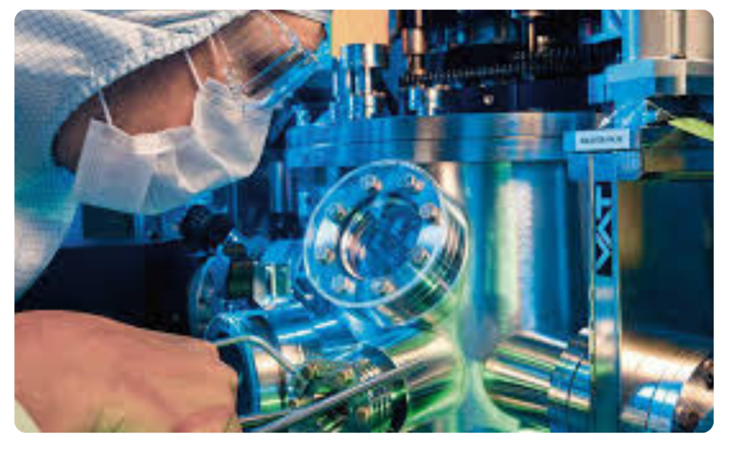 A scientist working on high-tech equipment in a nuclear fusion research laboratory.