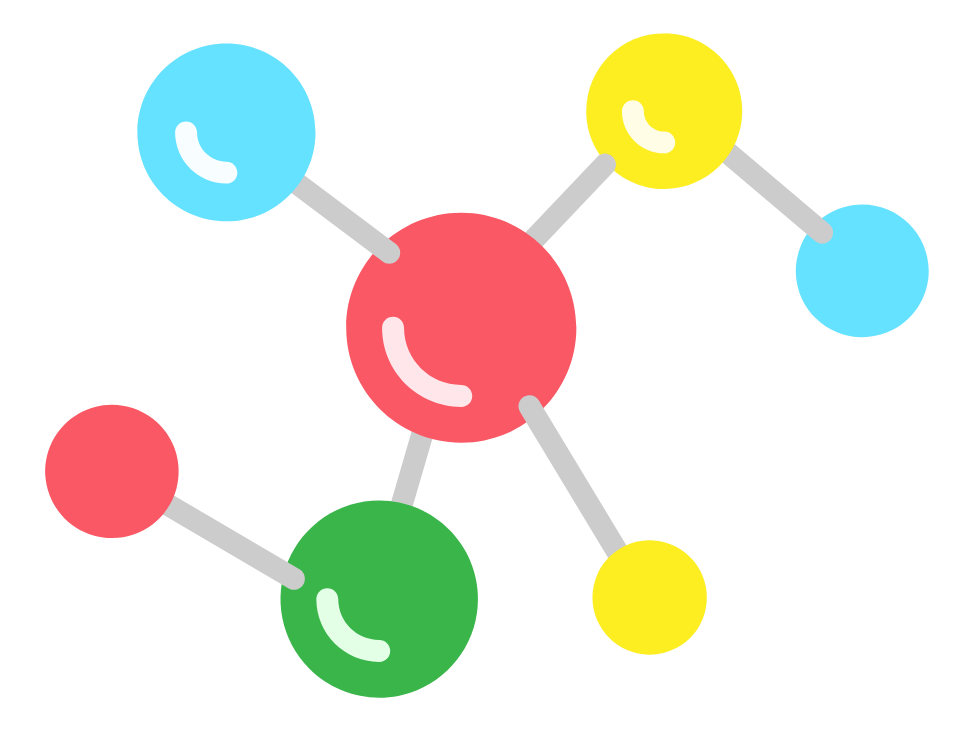 Simplified cartoon diagram showing a molecular structure with different colored atoms connected by grey bonds.
