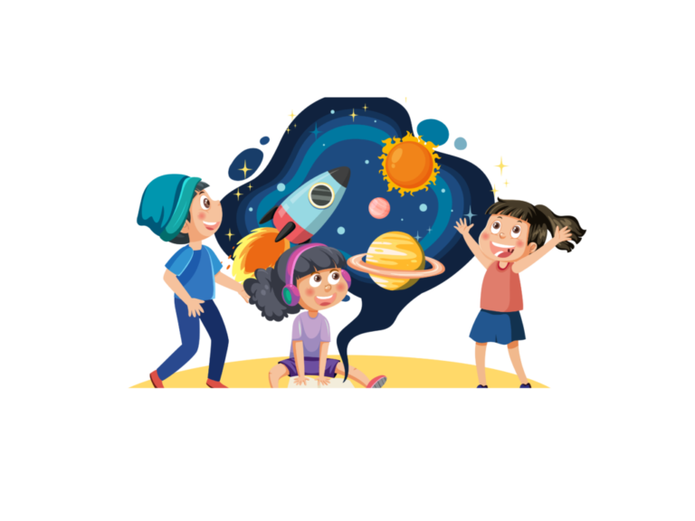 Children learning about astronomy with planets, rocket, and solar system illustration