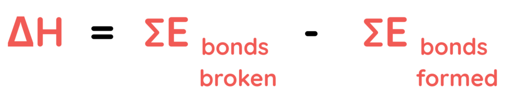 Formula showing ΔH equals energy of bonds broken minus energy of bonds formed
