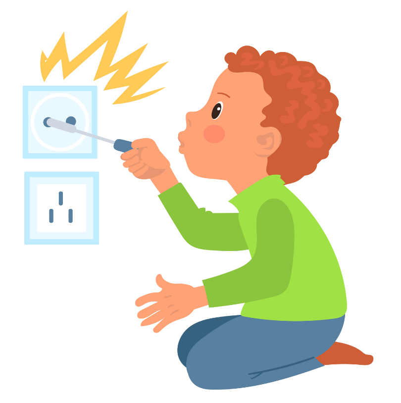 Child inserting a screwdriver into an electrical socket, showing a dangerous situation