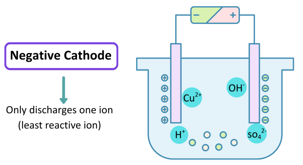 Electrolysis diagram showing copper ion Cu²⁺, sulfate ion SO₄²⁻, hydroxide OH⁻, and labeled cathode