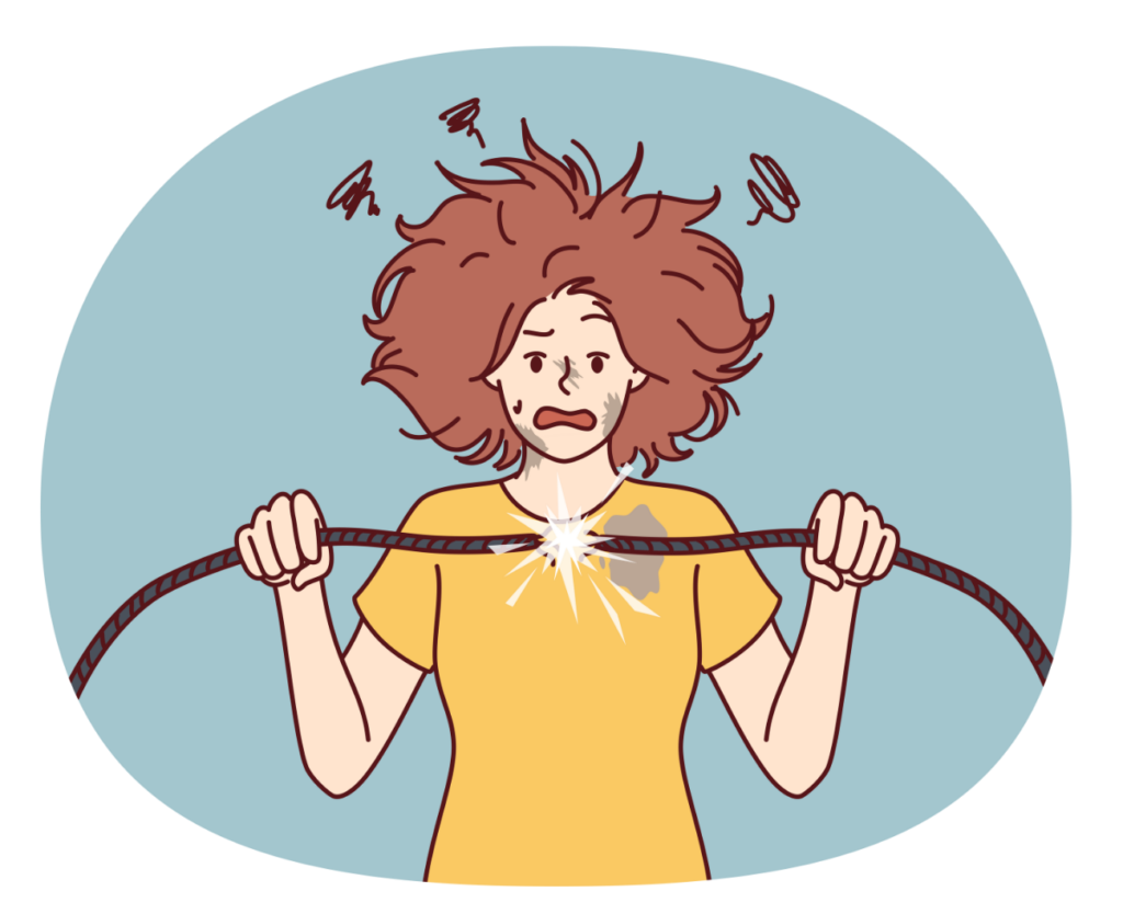 Illustration of a person getting an electric shock while holding a broken cable with exposed wires