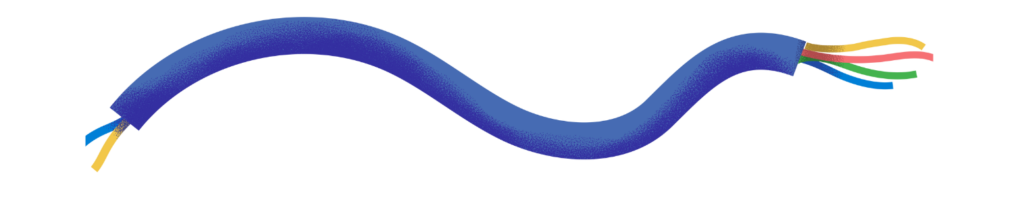 Image of a blue electrical cable cut open to reveal colored wires: red, green, yellow, and blue