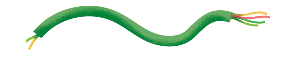 Green cable showing red, green, and yellow wires inside, representing live, neutral, and earth wires