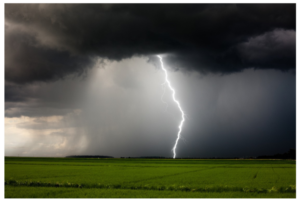 A lightning bolt striking the ground from a cloudy sky