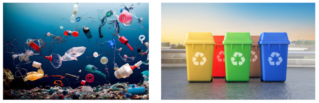 Split image showing plastic waste floating in water on the left and colorful recycling bins on the right
