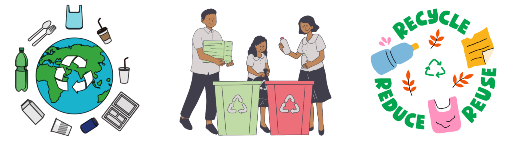Cartoon showing Earth surrounded by recyclable items, a family recycling, and a Recycle-Reduce-Reuse badge