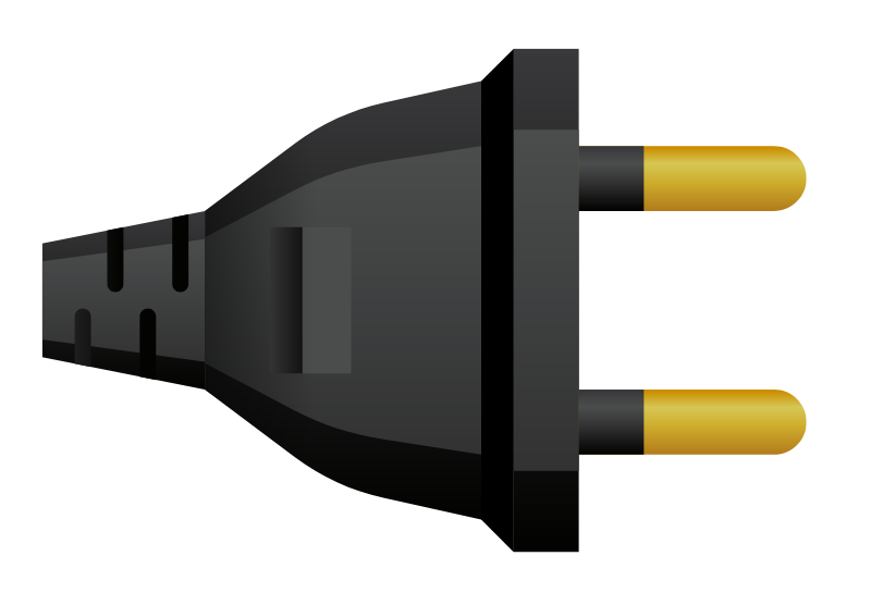 Flat-style image of a black two-pin electrical plug with gold-tipped prongs