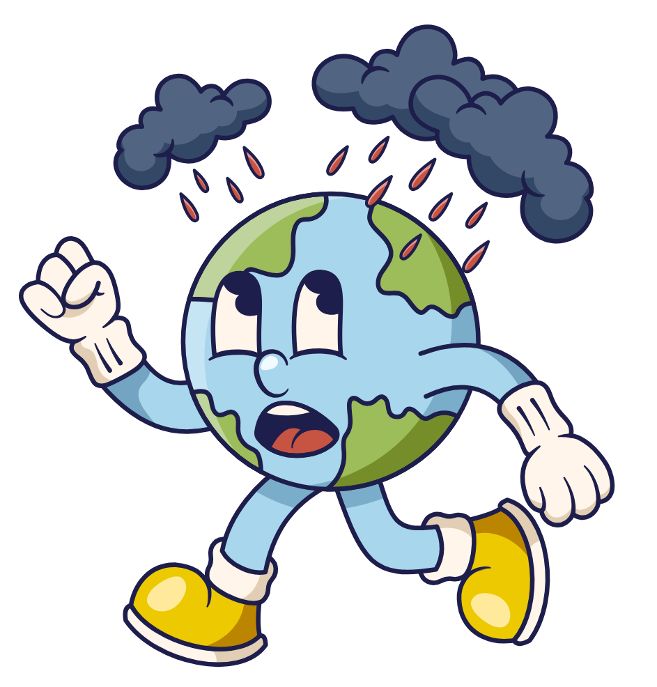 Earth running under dark clouds and acid rain caused by fuel pollution.