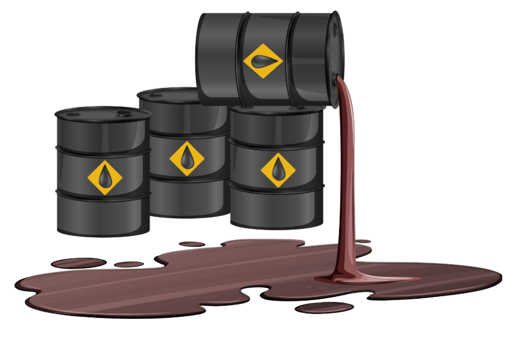 Fuels: Illustration of black oil barrels, one spilling crude oil onto the ground — symbolizing fossil fuel storage and potential environmental impact.