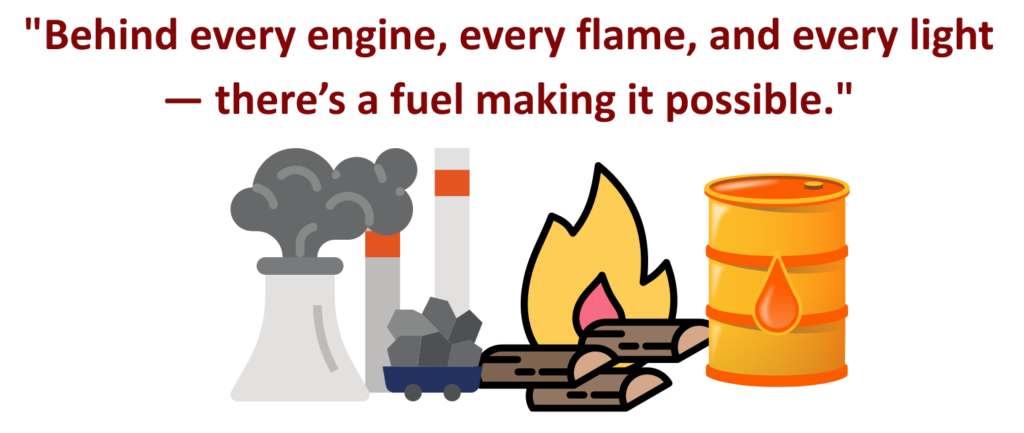 Illustration showing fuel sources like a burning flame, coal-powered factory, and oil barrel with a quote: "Behind every engine, every flame, and every light — there’s a fuel making it possible."