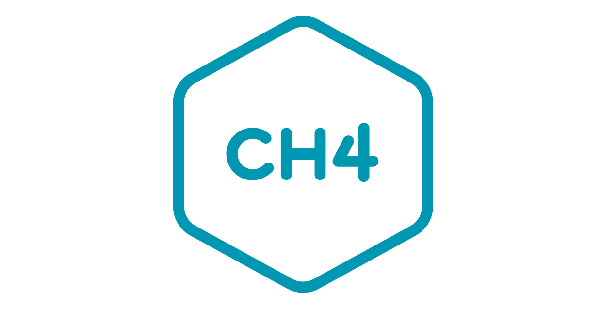 Chemical symbol CH₄ for methane gas, inside a blue hexagon frame representing natural gas.