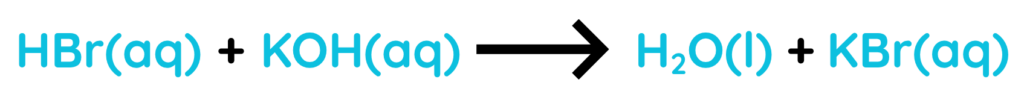 Neutralisation reaction showing hydrobromic acid reacting with potassium hydroxide to form water and potassium bromide.