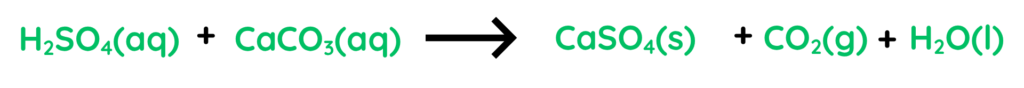 Balanced chemical equation showing sulphuric acid reacting with calcium carbonate to form calcium sulphate, carbon dioxide and water.