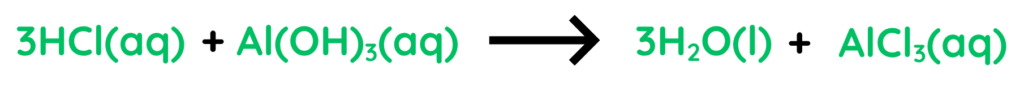 Balanced chemical equation showing hydrochloric acid reacting with aluminium hydroxide to form water and aluminium chloride.