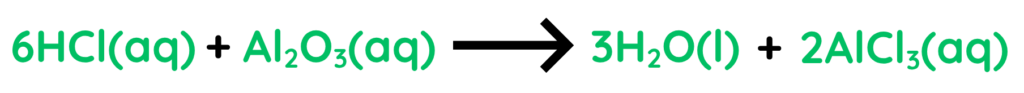 Balanced chemical equation showing hydrochloric acid reacting with aluminium oxide to form water and aluminium chloride.