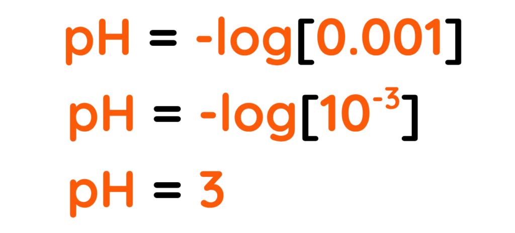 Example calculation showing how to find the pH of an acid using the negative log of hydrogen ion concentration.
