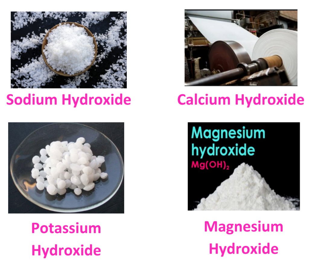 Images of common bases including sodium hydroxide, calcium hydroxide, potassium hydroxide and magnesium hydroxide.