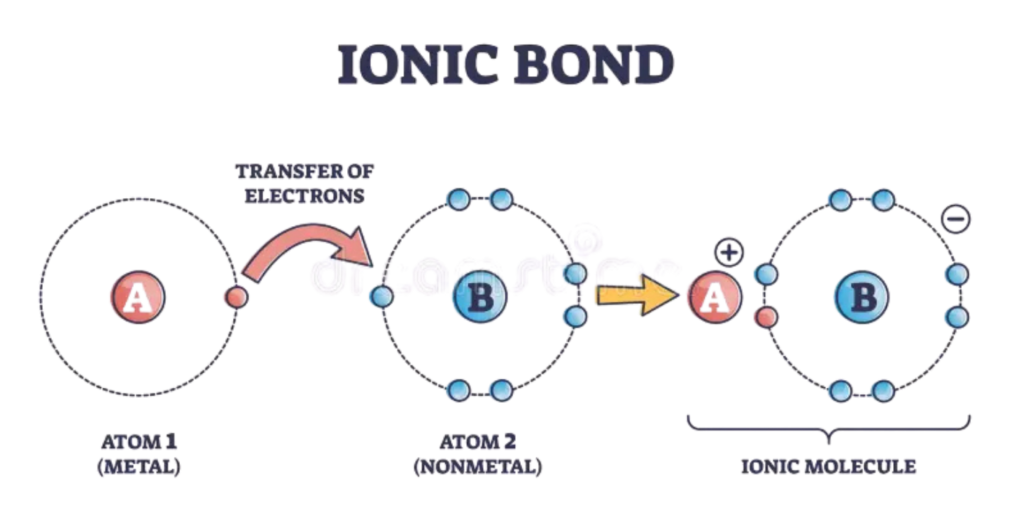Diagram showing ionic bond formation between a metal atom and a non-metal atom with electron transfer.