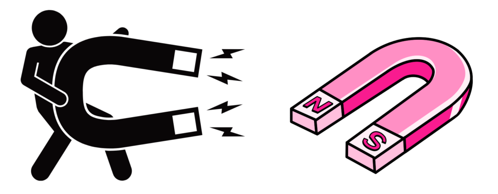 Illustration of a cartoon character holding a large horseshoe magnet with visible magnetic force lines.