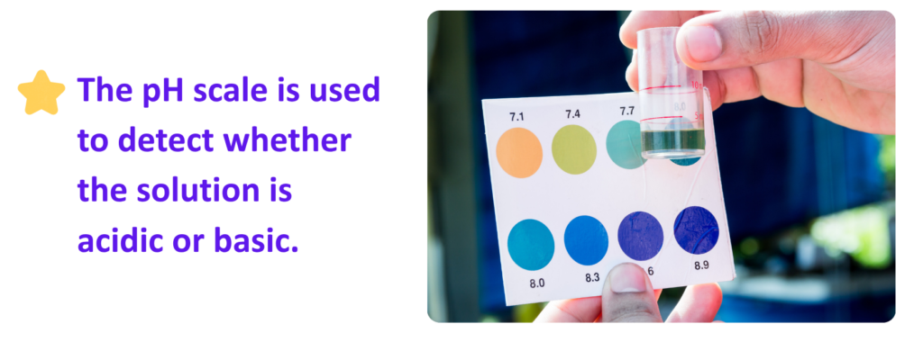 Acids: Hand holding a pH colour chart and test tube used to check if a solution is acidic or basic.