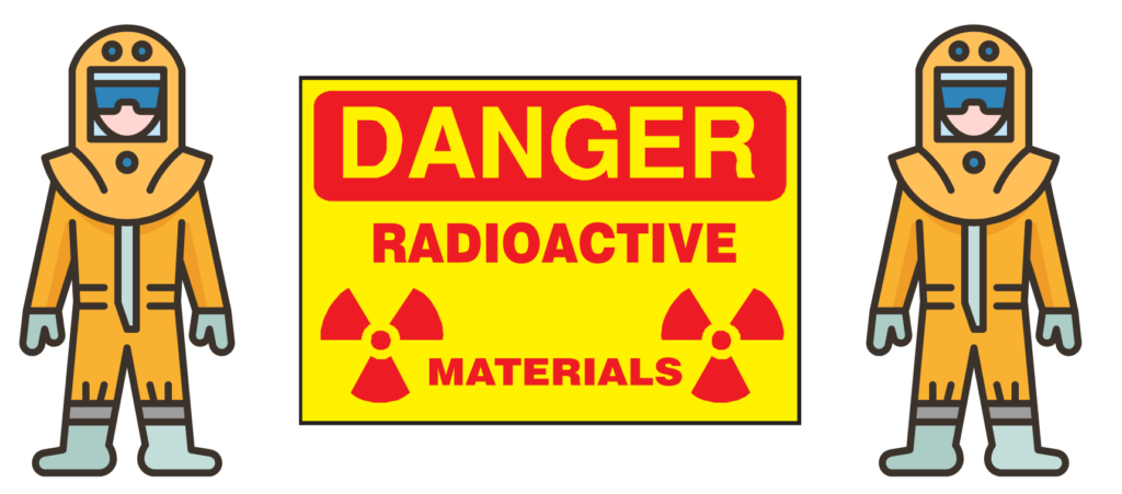 wo individuals in hazmat suits standing beside a danger radioactive materials warning sign.