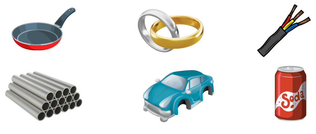Images of common metal products including frying pan, jewellery, wires, pipes, car body and soda can to show uses of extracted metals.