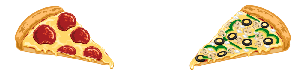 Conditional Probability example using pizza slices showing one pepperoni slice on the left and one vegetable pizza slice with olives, mushrooms, and peppers on the right to represent probability choices