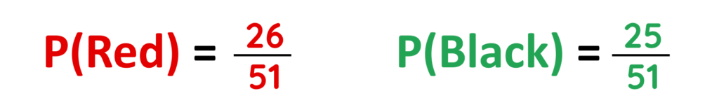 Conditional Probability example showing probability of red and black balls as fractions 26 over 51 and 25 over 51