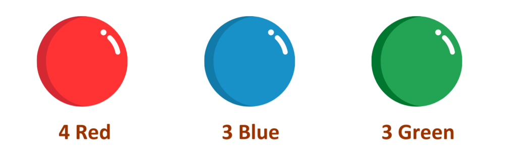 Conditional Probability example showing 4 red 3 blue and 3 green balls