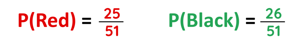 Conditional Probability example showing updated probability of red and black balls as 25 over 51 and 26 over 51