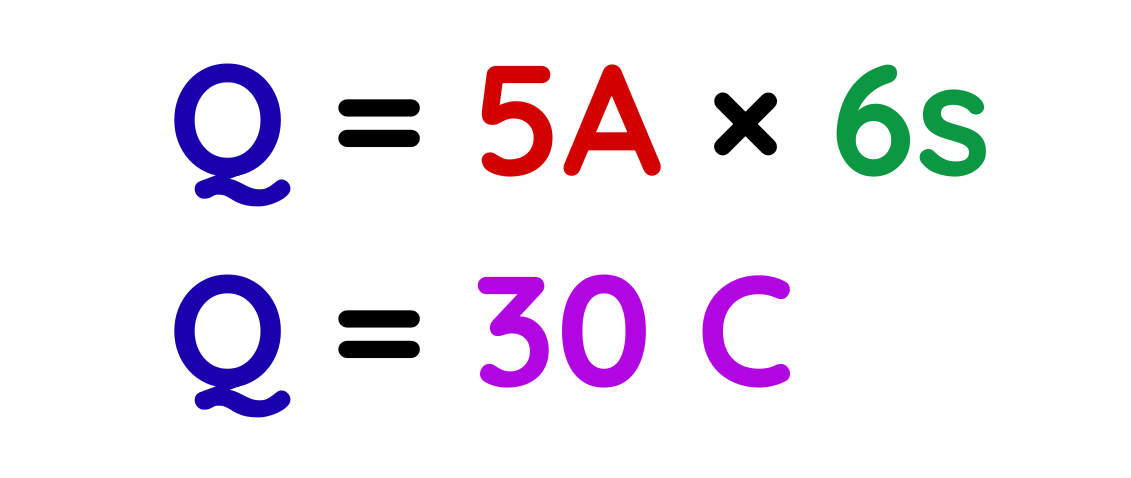 Electrical Circuit charge calculation example showing Q = 5A × 6s equals 30C