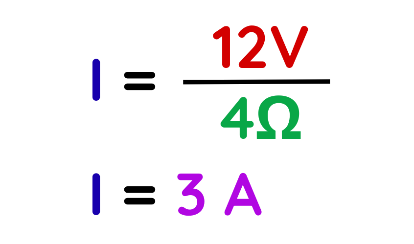 Electrical Circuit example calculating current using Ohm’s law with 12 volts and 4 ohms resistance