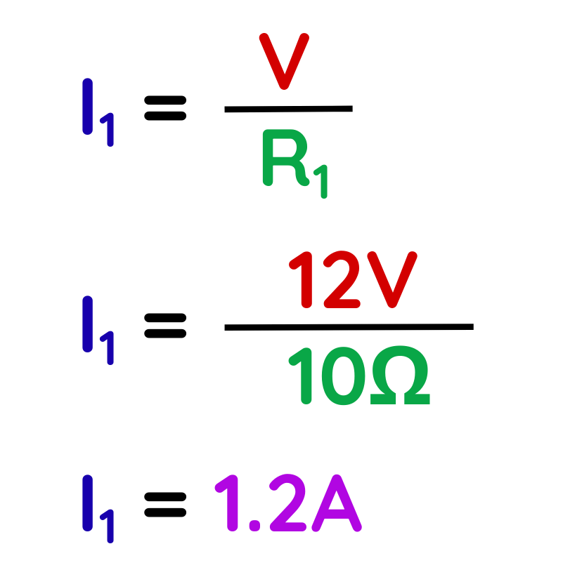 Electrical Circuit Ohm’s law example calculating current using 12V voltage and 10 ohm resistance giving 1.2A