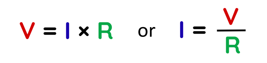 Electrical Circuit Ohm’s Law triangle showing V over I R and rearranged equations V = I × R and I = V ÷ R