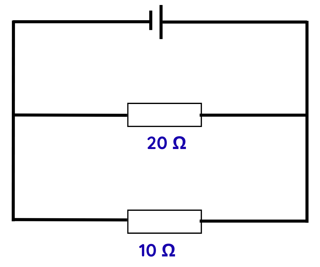 Electrical Circuit example showing resistors in series and parallel with 20 ohm and 10 ohm values