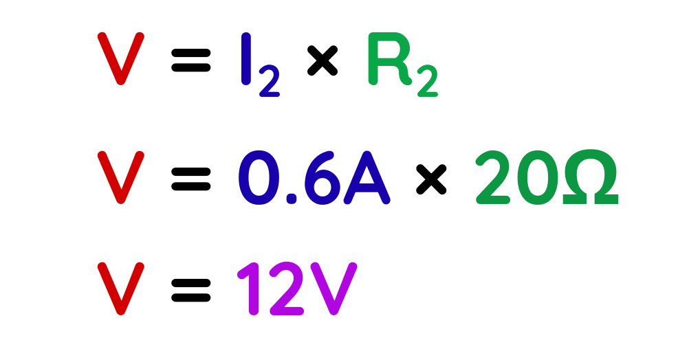 Electrical Circuit Ohm’s law example calculating voltage using current 0.6A and resistance 20 ohms